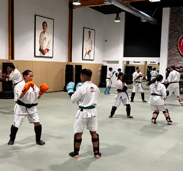 Machida Karate students practicing controlled sparring at the academy